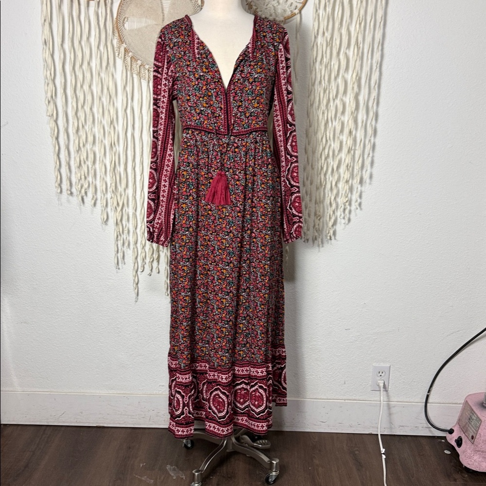 NATURAL LIFE - Burgundy Floral Maxi Dress with Pink Tassel (Large) - Picture 2 of 12